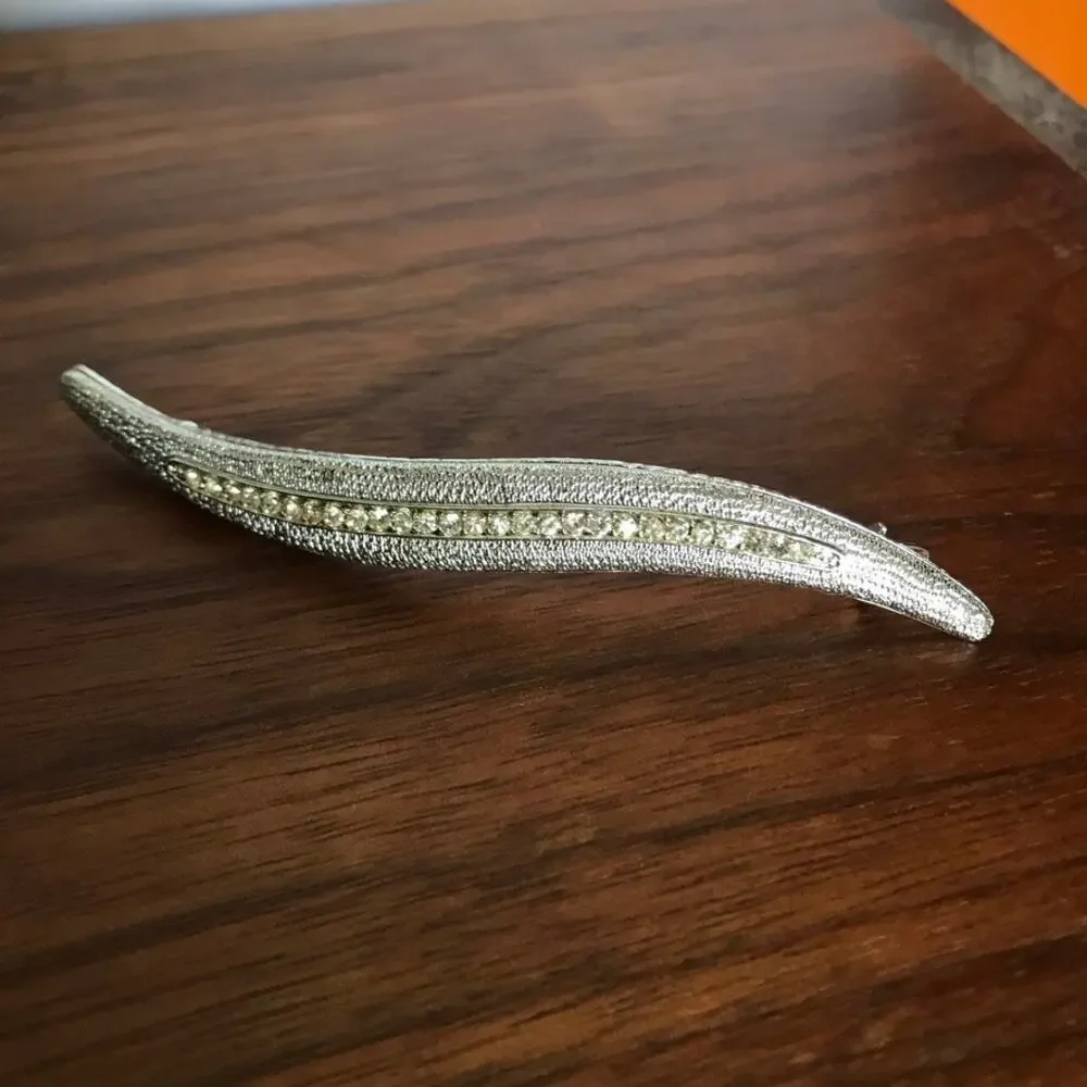 Vintage rhinestone swoosh barrette - silver tone